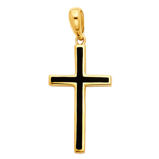 14k Yellow Gold Elegant Design Black Enamel Inlay Christian Cross Pendant Charm