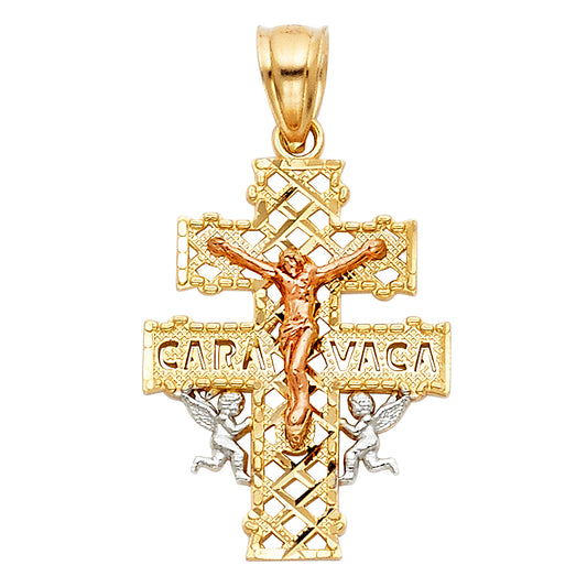 14k Tri-Color Gold Cross of Caravaca Crucifix Pendant Angels Fashion Charm