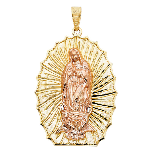 14k Two-Color Gold Bendita Virgin María Promesa Medalla Pendant Ungido Charm