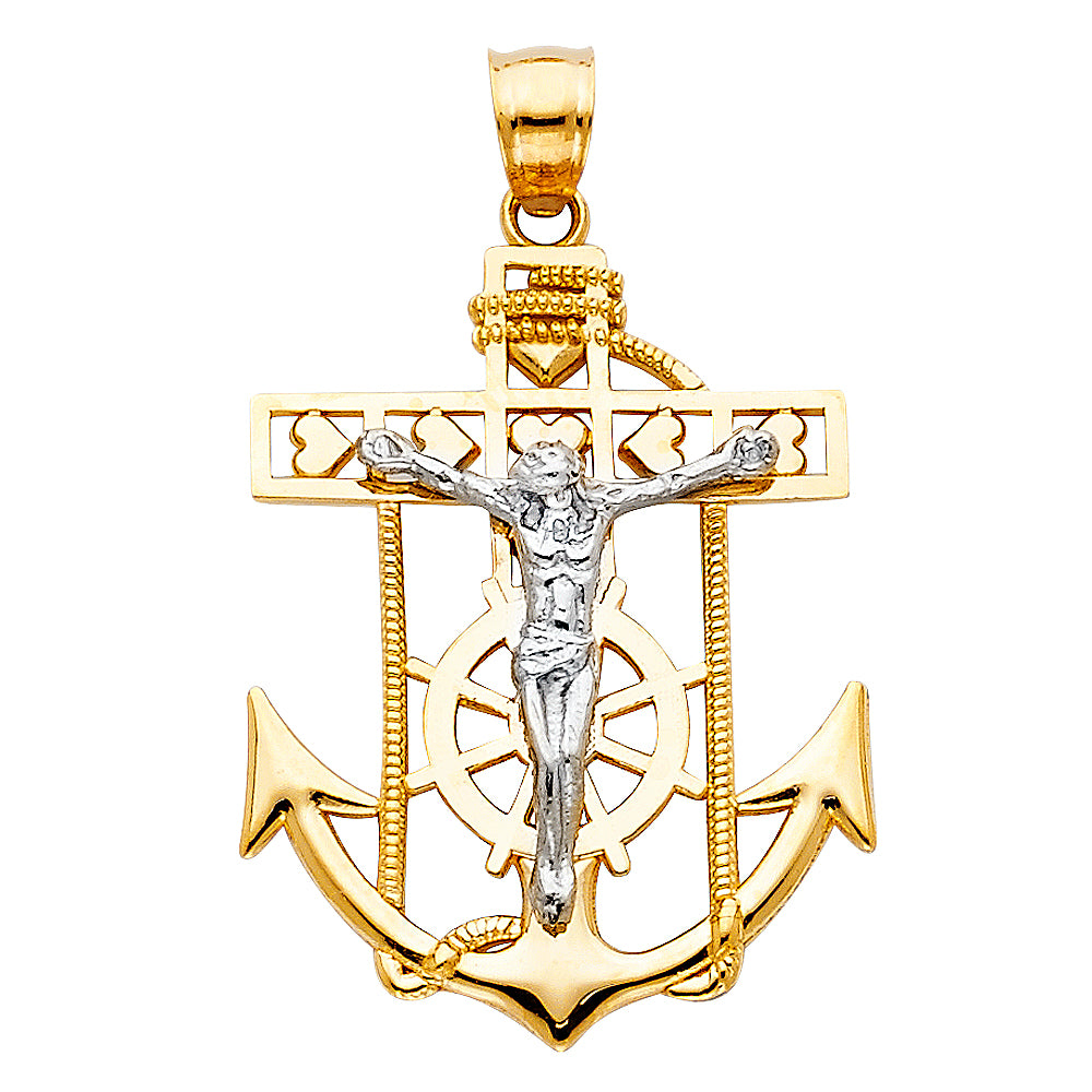 14k Two-Color Gold Ornate Mariner's Cross Pendant Crucifix Rope Love Charm