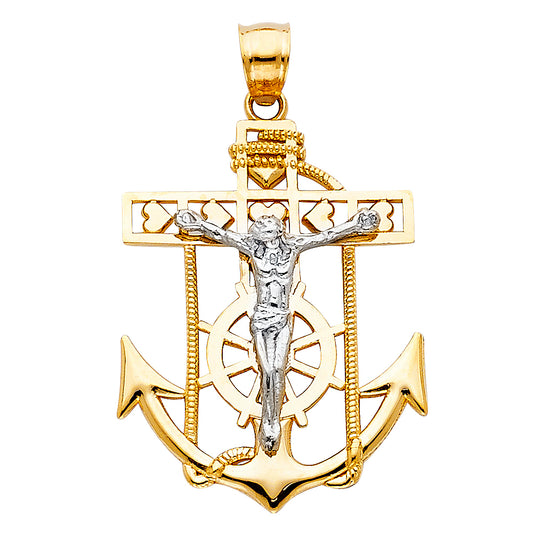 14k Two-Color Gold Ornate Mariner's Cross Pendant Crucifix Rope Love Charm