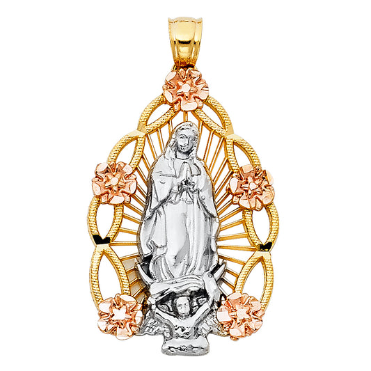14k Tri-Color Gold Bright Colorful Virgin of Guadalupe Pendant Mexico City Charm