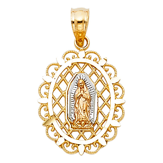 14k Tri-Color Gold Bright Colorful Virgin of Guadalupe Pendant Filigree Charm