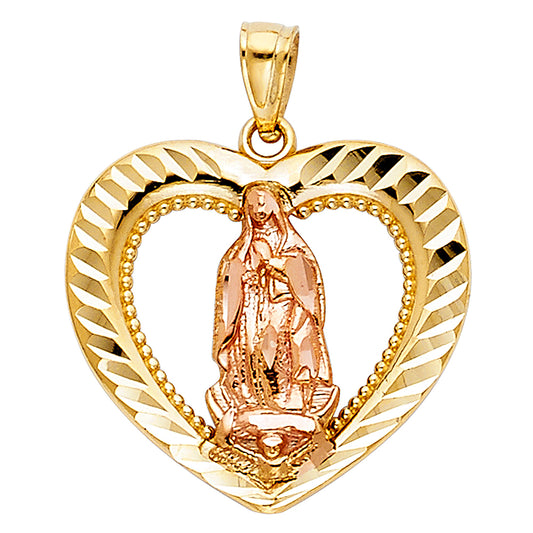 14k Two-Color Gold Bright Heart Virgin of Guadalupe Pendant Diamond-Cut Charm
