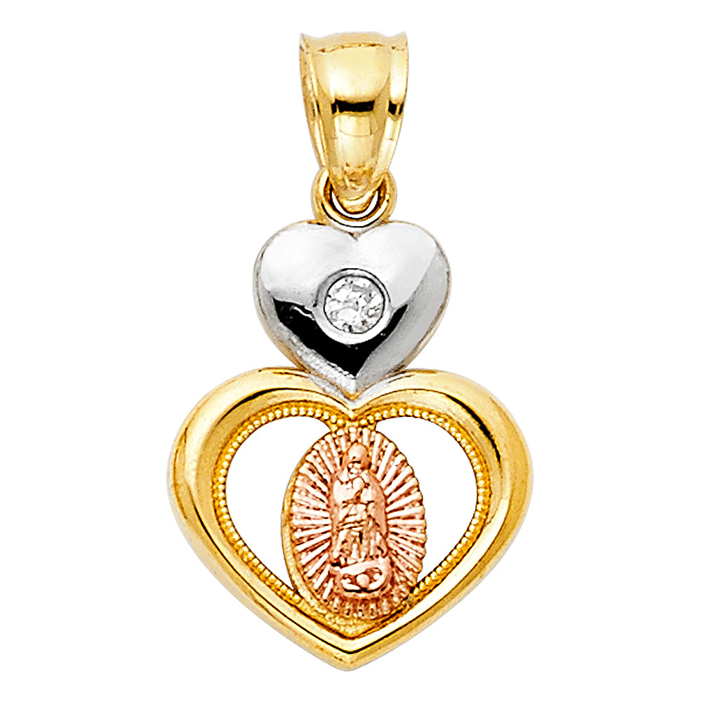 14k Tri-Color Gold Bright Colorful Virgin of Guadalupe Pendant Heart Charm