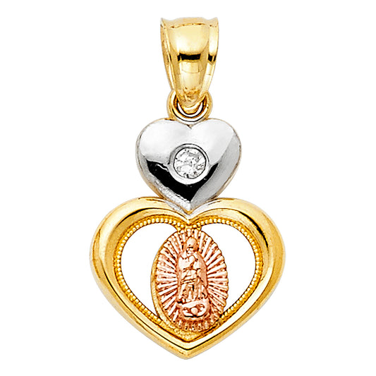 14k Tri-Color Gold Bright Colorful Virgin of Guadalupe Pendant Heart Charm