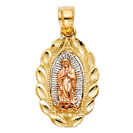 14k Tri-Color Gold Bright Colorful Virgin of Guadalupe Pendant Diamond-Cut Charm