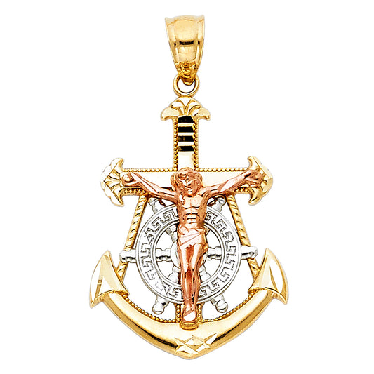 14k Tri-Color Gold Cross Pendant Rope Anchor Nautical Sailor Crucifix Charm
