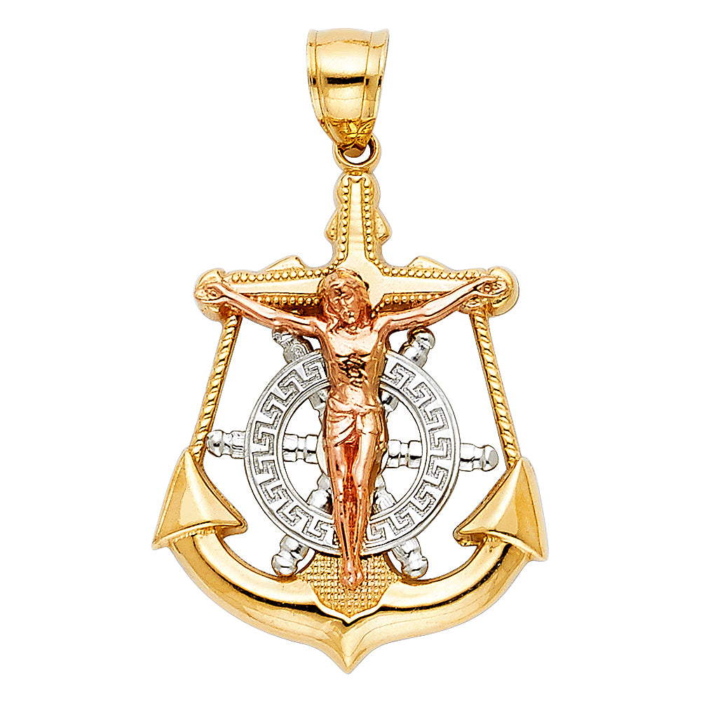 14k Tri-Color Gold Mariner's Cross Pendant Crucifix Anchor Detailed Charm