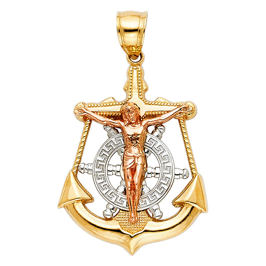 14k Tri-Color Gold Mariner's Cross Pendant Crucifix Anchor Detailed Charm