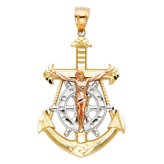 14k Tri-Color Gold Ornate Mariner's Cross Pendant Catholic Crucifix Cut Charm