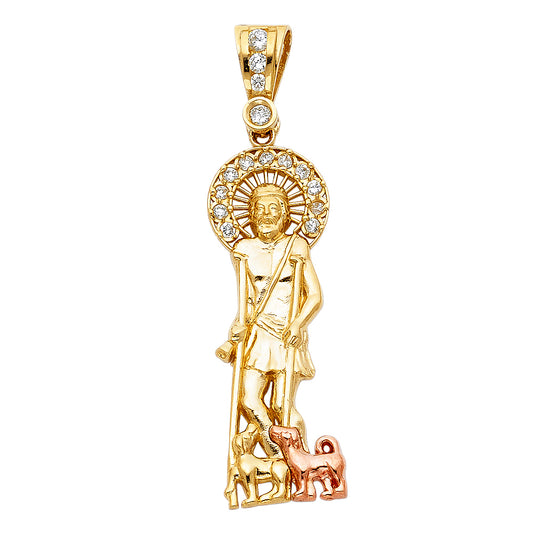 14k Gold Two Tone CZ Religious St. Lazaro Medallion Fashion Pendant