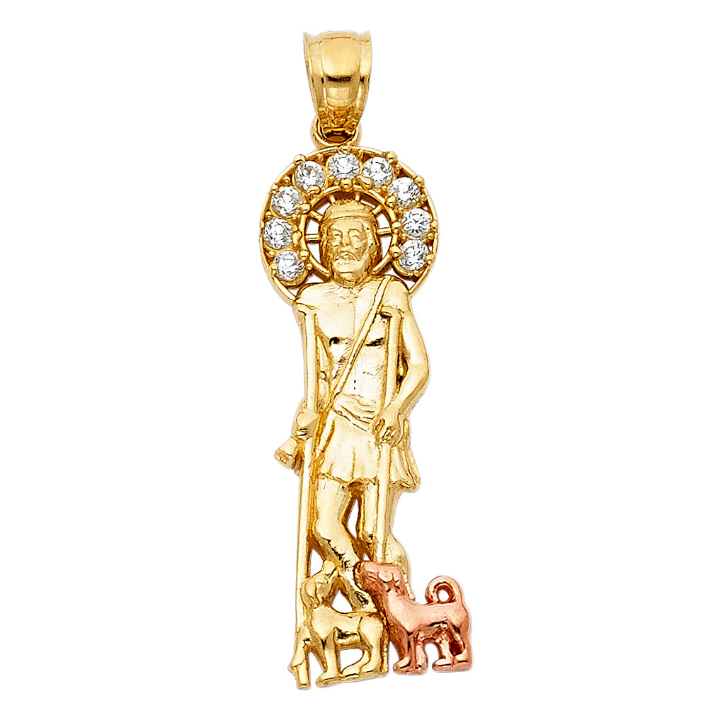 14k Two Tone Gold CZ St. Lazaro Catholic Medallion Fashion Christian Pendant