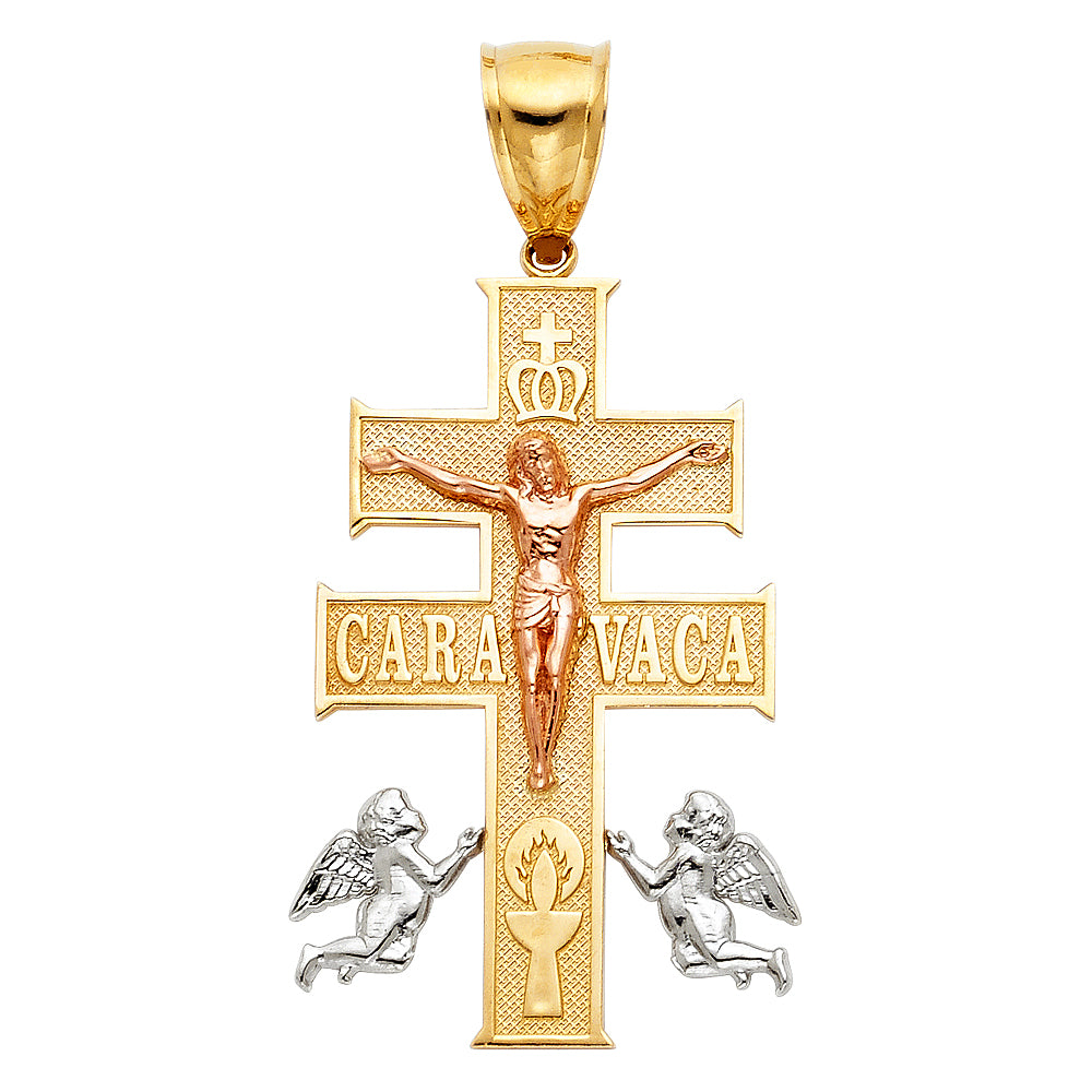 14k Tri-Color Gold Guardian Angel Crucifix Triumphant Caravaca Cross Pendant
