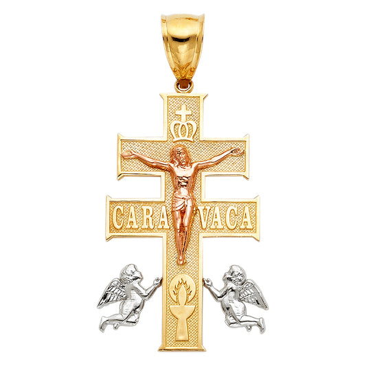 14k Tri-Color Gold Guardian Angel Crucifix Triumphant Caravaca Cross Pendant