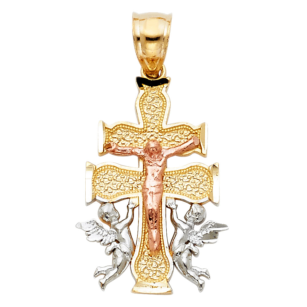 14k Tri-Color Gold 3d Precision-Cut Crucifix Distinct Cross of Caravace Pendant