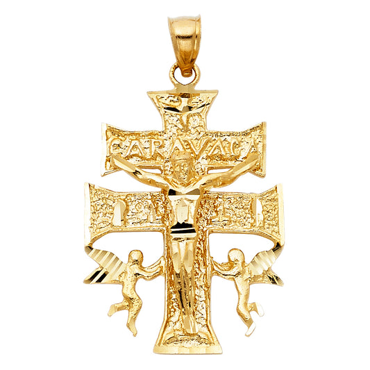 14k Yellow Gold Holy Cross of Caravaca Crucifix Pendant Diamond-Cut Savior Charm