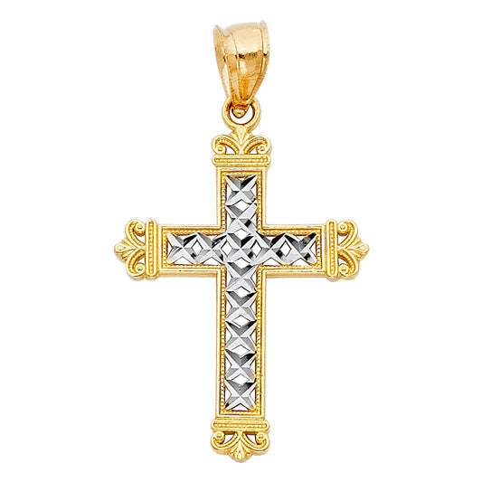 14k Two-Color Gold Ornate Diamond-Cut Cross Pendant Christian Elegant Charm