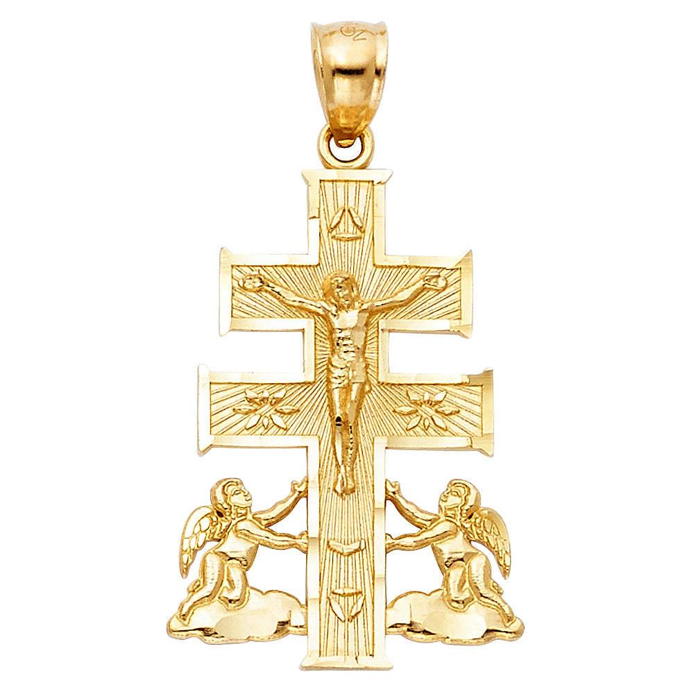 14k Yellow Gold Traditional Roman Catholic Caravaca Pendant Diamond-Cut Charm