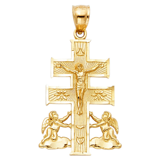 14k Yellow Gold Traditional Roman Catholic Caravaca Pendant Diamond-Cut Charm