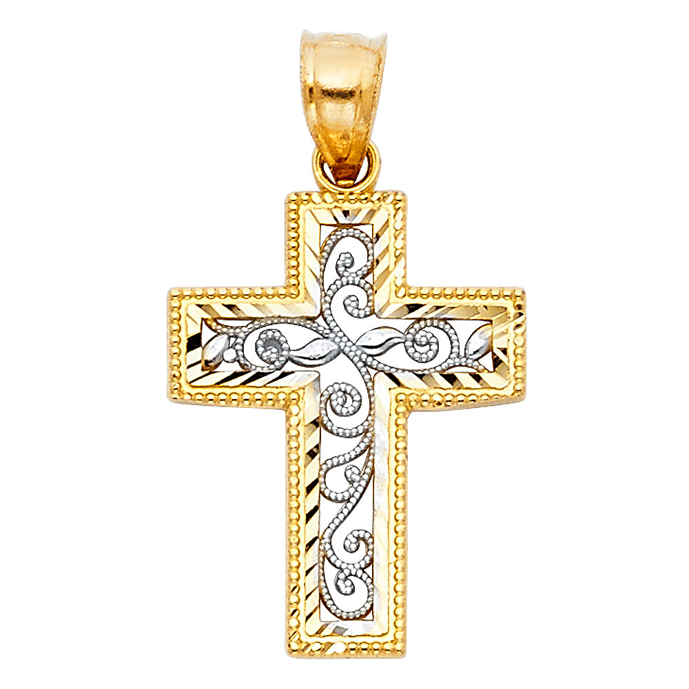 14k Two-Color Gold Filigree Swirl Cross Pendant Cutout Leaf Vine Vintage Charm