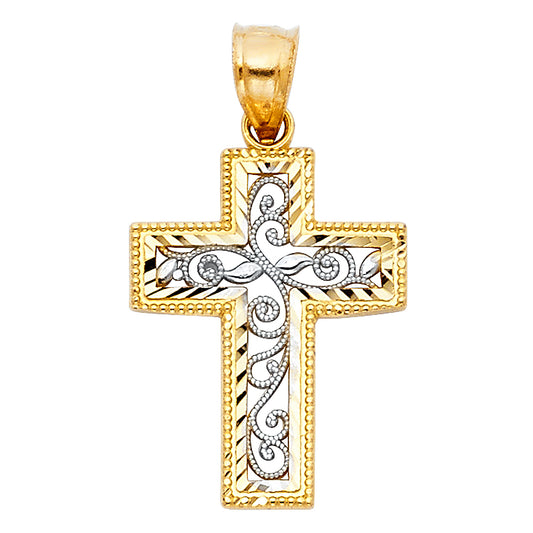 14k Two-Color Gold Filigree Swirl Cross Pendant Cutout Leaf Vine Vintage Charm
