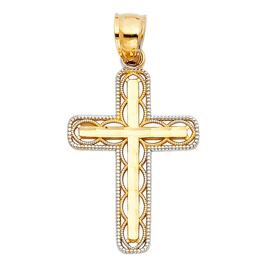 14k Two-Color Gold Cross Pendant Jesus Christ High Polish Oval Rope Bead Charm
