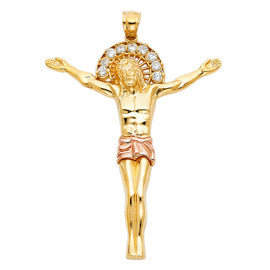 14k Two-Color Gold Crucifixion Jesus Christ Crucifix Pendant Blessed Charm