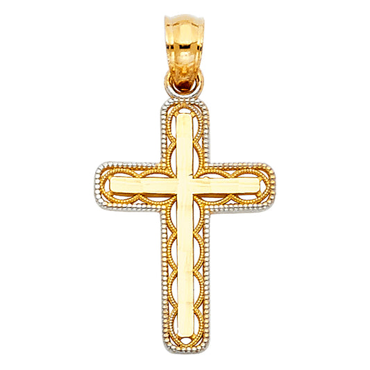14k Two-Color Gold Modern Cross Pendant High Polish Elegant Vintage Bead Charm
