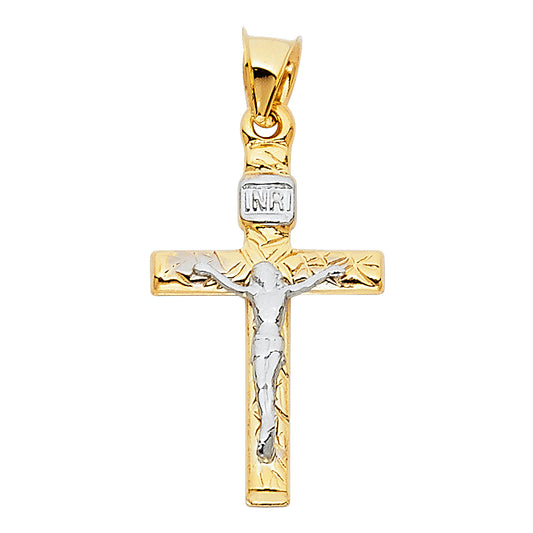 14k Yellow & White Gold Crucifix Pendant Jesus Cross Wood Texture Polished Charm