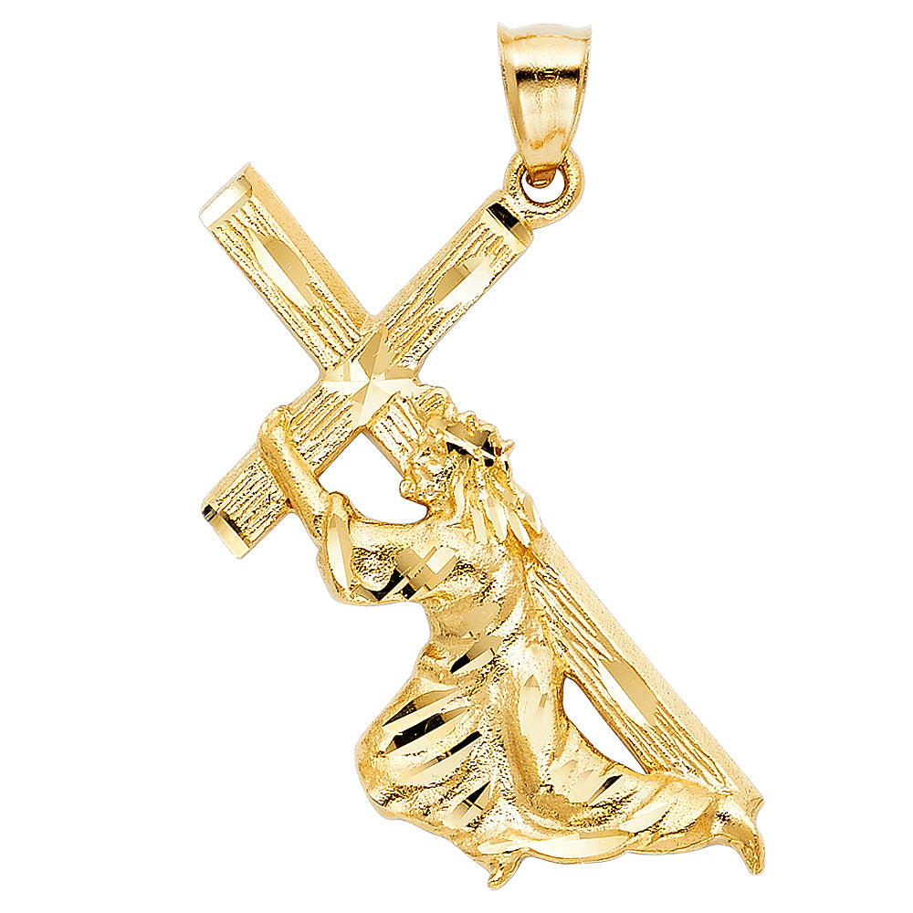 14k Yellow Gold Jesus Carrying Cross to Crucifixion Pendant Diamond-Cut Charm