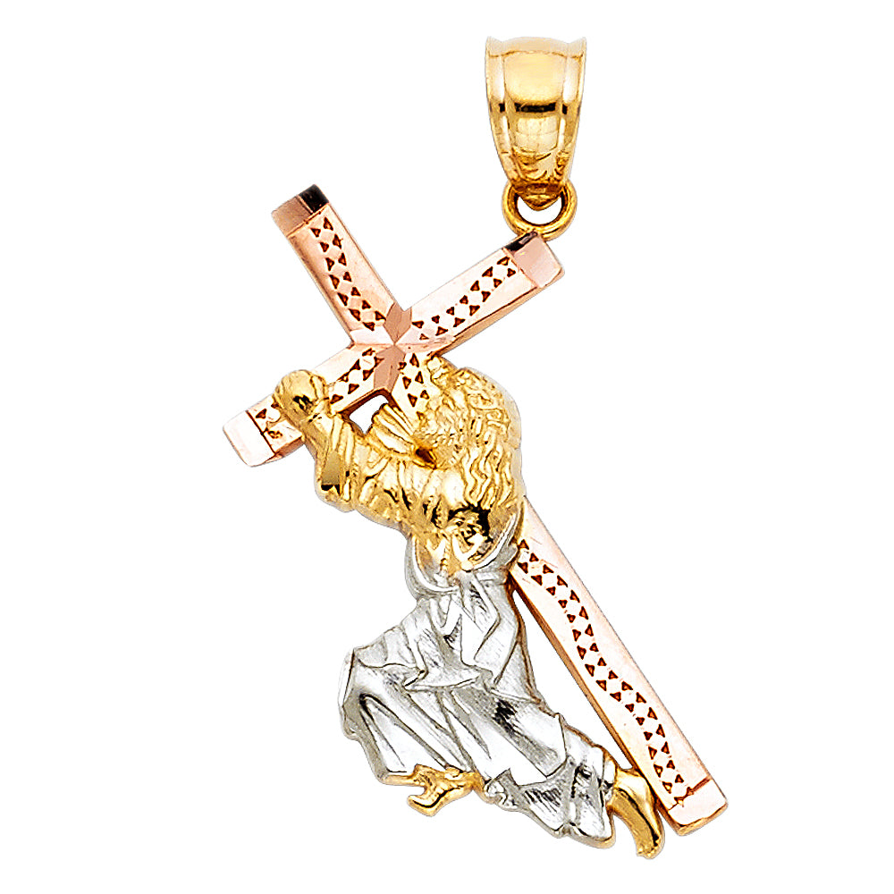 14k Tri-Color Gold Jesus Carrying Cross to Crucifixion Pendant Diamond-Cut Charm