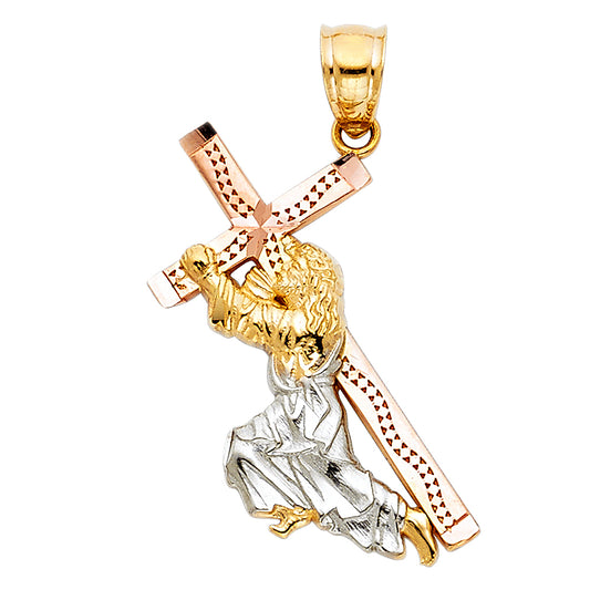 14k Tri-Color Gold Jesus Carrying Cross to Crucifixion Pendant Diamond-Cut Charm