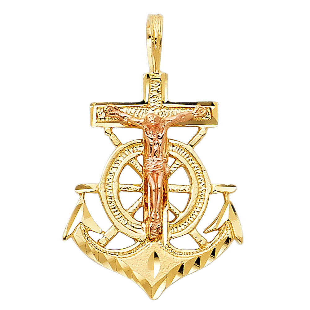 14k Two-Color Gold 3D Precision-Cut Crucifix Anchor Cross Christian Pendant