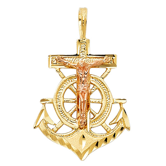 14k Two-Color Gold 3D Precision-Cut Crucifix Anchor Cross Christian Pendant