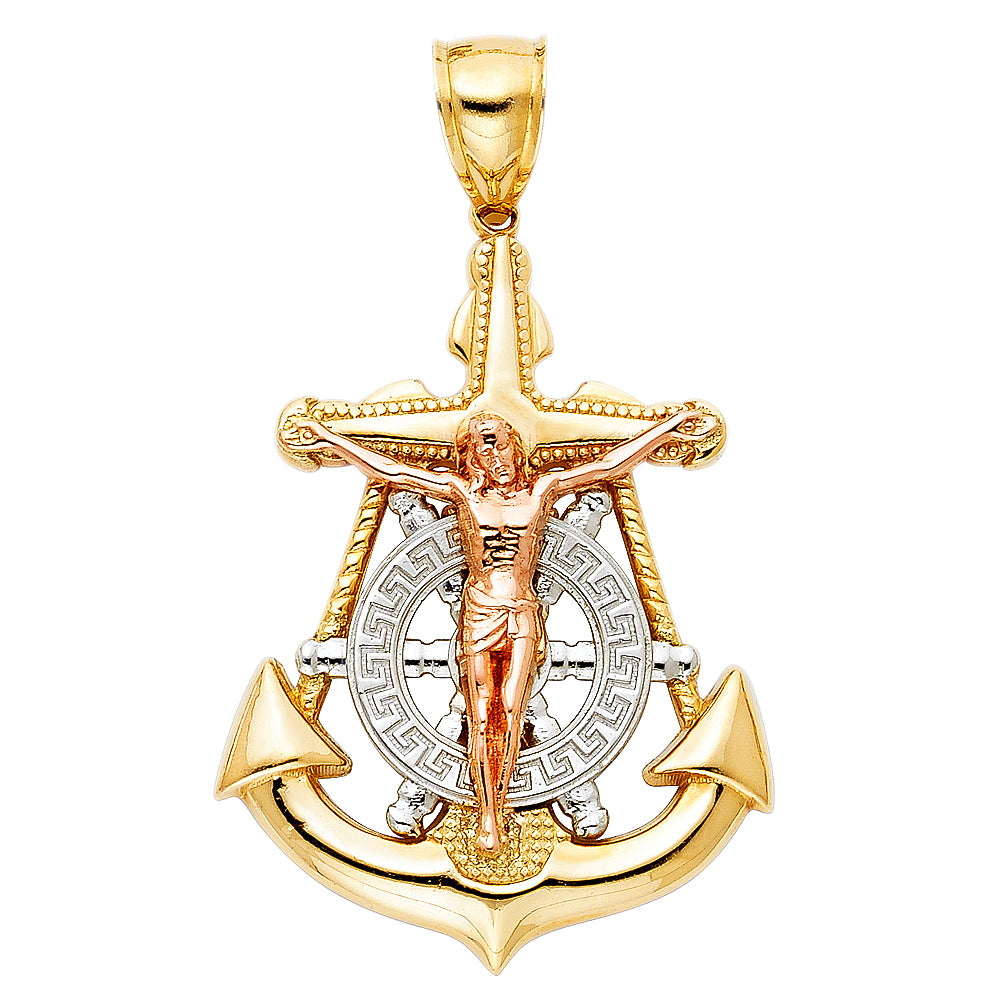14k Tri-Color Gold Crucifix of Christ 3D Precision-Cut Anchor Cross Pendant
