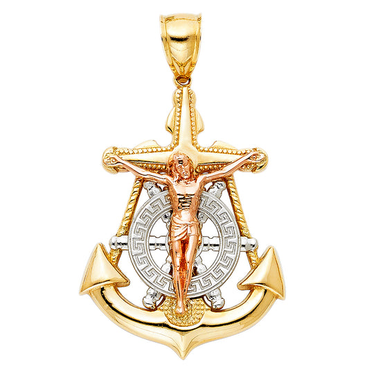 14k Tri-Color Gold Crucifix of Christ 3D Precision-Cut Anchor Cross Pendant
