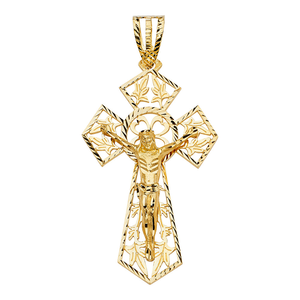14k Yellow Gold Magnificent Cross of Christ Crucifix Pendant Diamond-Cut Charm