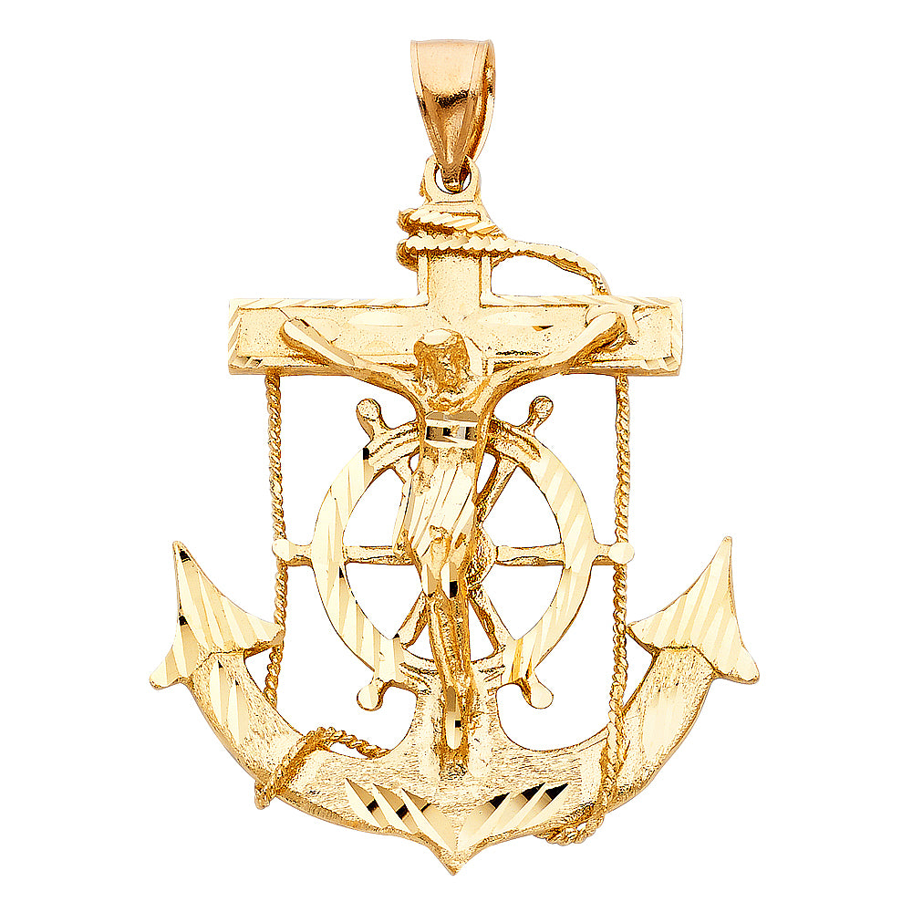 14k Yellow Gold Mariner Cross Crucifix Anchor Pendant Diamond-Cut Faith Charm