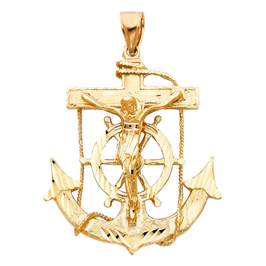 14k Yellow Gold Mariner Cross Crucifix Anchor Pendant Diamond-Cut Faith Charm