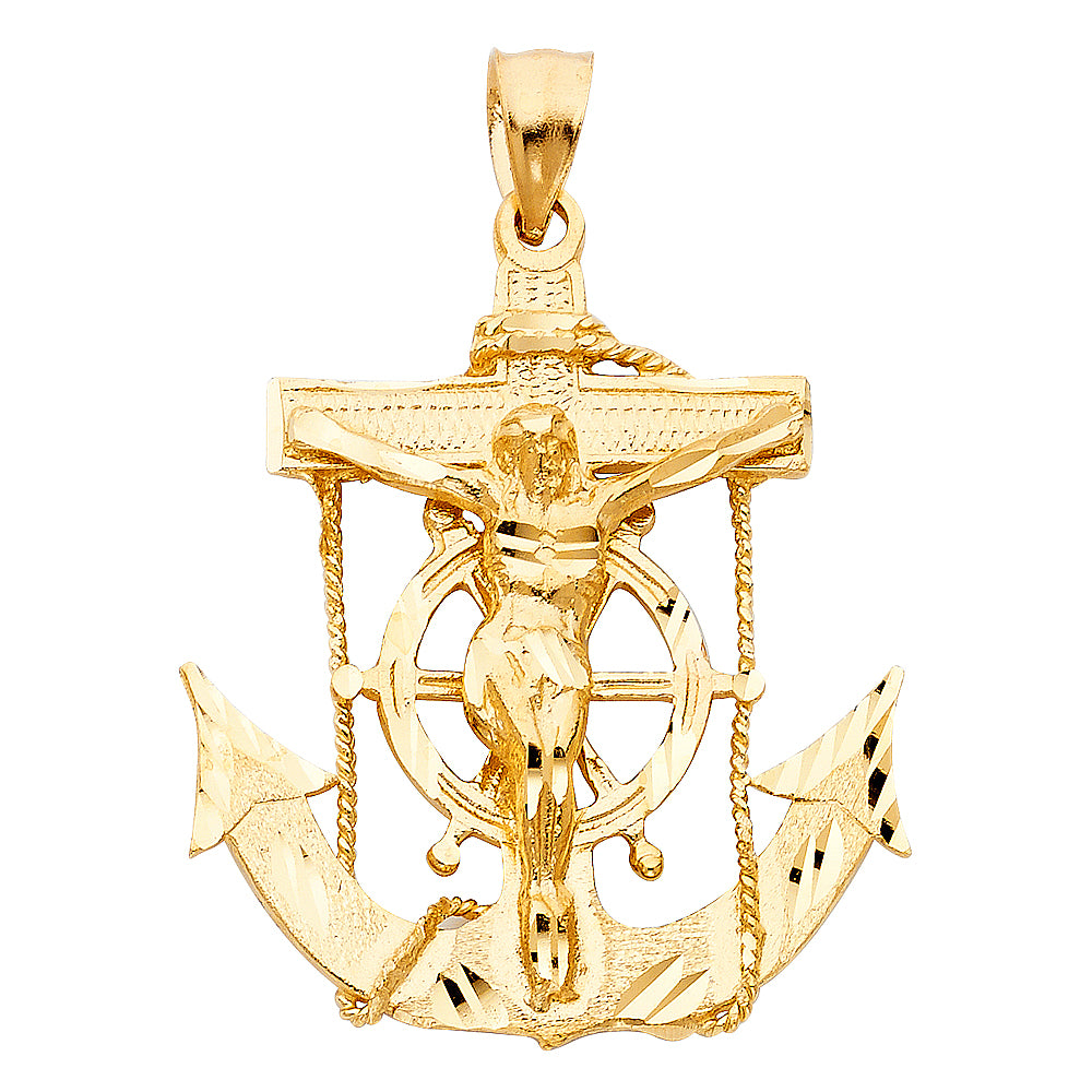 14k Yellow Gold 3D Precision-Cut Crucifix Anchor Mariners Cross Pendant Charm