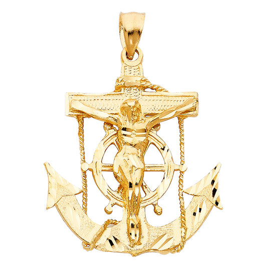 14k Yellow Gold 3D Precision-Cut Crucifix Anchor Mariners Cross Pendant Charm