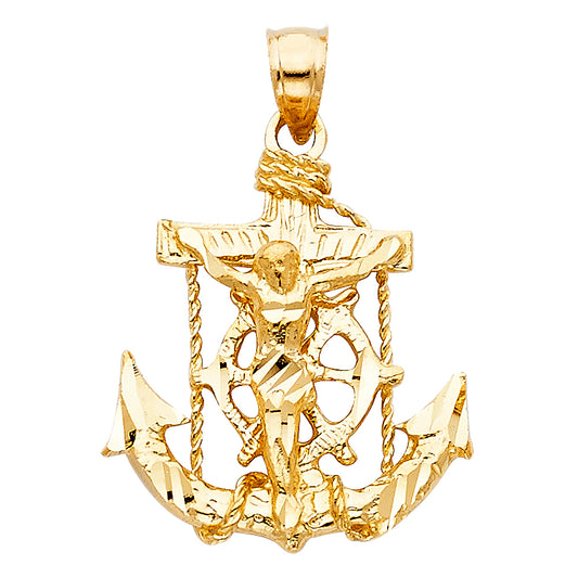 14k Yellow Gold 3D Precision-Cut Holy Christ Crucifix Anchor Cross Pendant Charm
