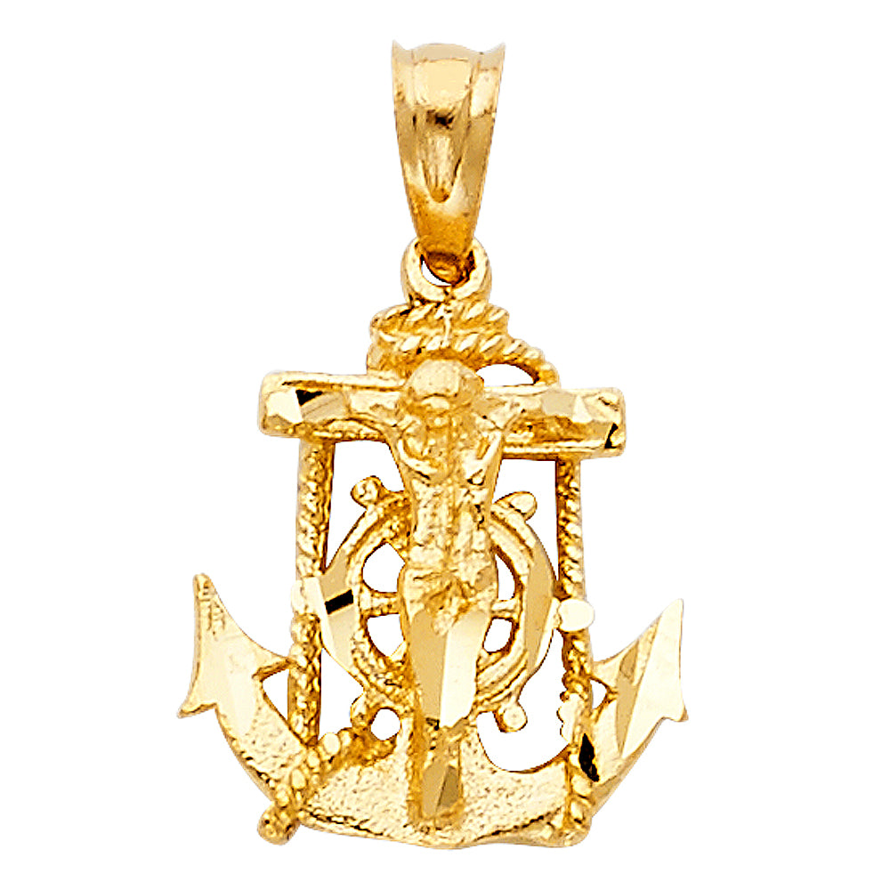 14k Yellow Gold Anchor Crucifix Jesus Sailer Mariners Cross Pendant Rope Charm