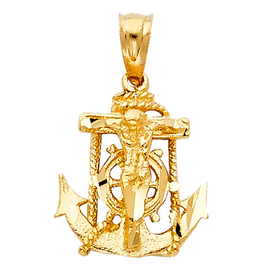 14k Yellow Gold Anchor Crucifix Jesus Sailer Mariners Cross Pendant Rope Charm