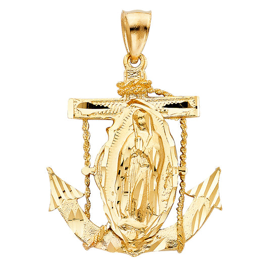 14k Yellow Gold Saint Guadalupe Mariners Cross Pendant Diamond-Cut Charm