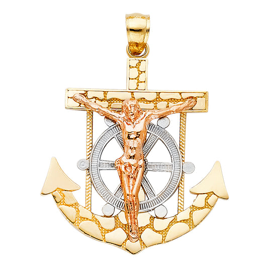 14k Two-Color Gold 3D Latin Design Catholic Anchor Cross of Christ Pendant Charm