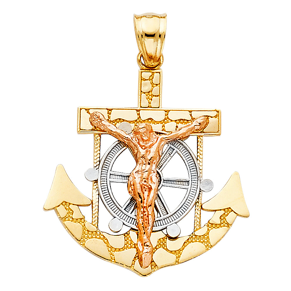 14k Two-Color Gold Mighty God Protect and Guide Sailors Crucifix Cross Pendant