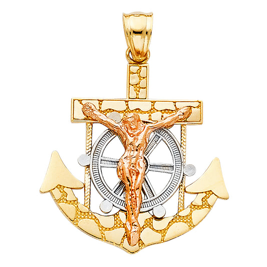 14k Two-Color Gold Mighty God Protect and Guide Sailors Crucifix Cross Pendant