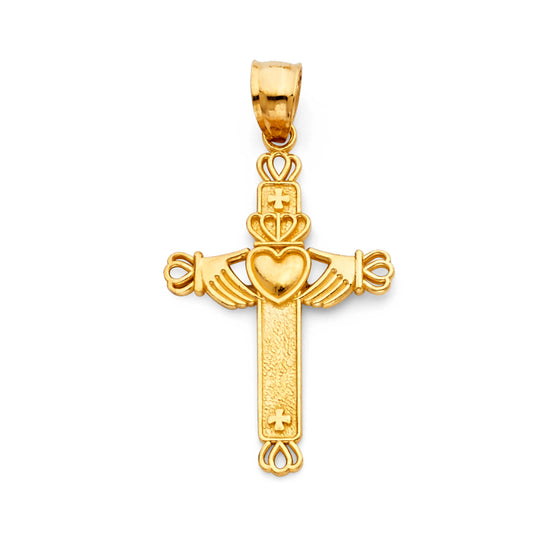 14k Yellow Gold Ornate Celtic Cross Pendant Claddagh Ireland Ornate Charm